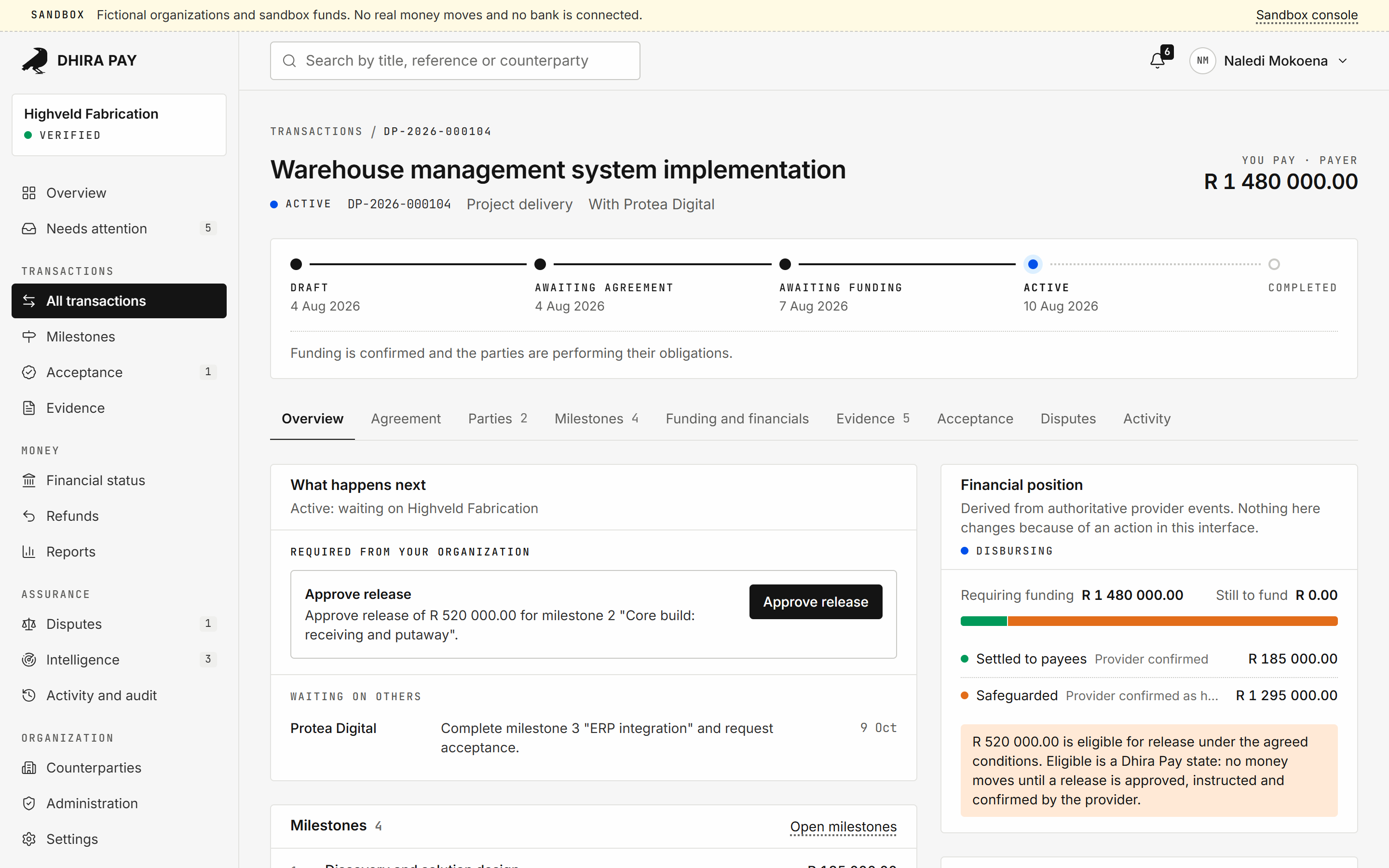 Screenshot of Dhira Pay: a fictional warehouse management system project at the Active stage of its lifecycle rail, with the next required action and the financial position, under a banner stating that the organizations and funds are fictional and no real money moves.